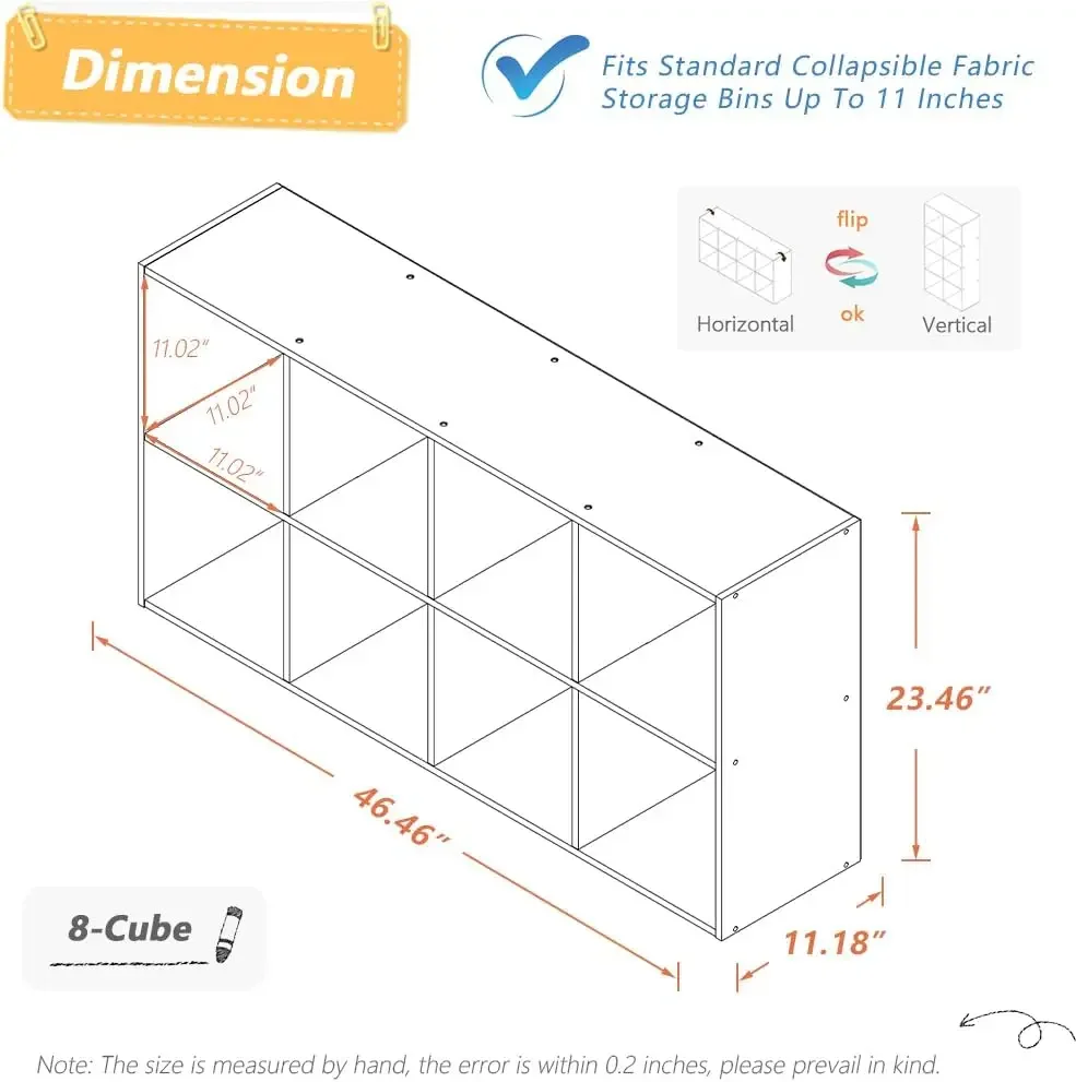 8 Cube Organizer Bookcase Oak Open Shelf | Suitable for 11-inch Fabric Storage Bins, Simple Compartments Bookshelf, Holds 20