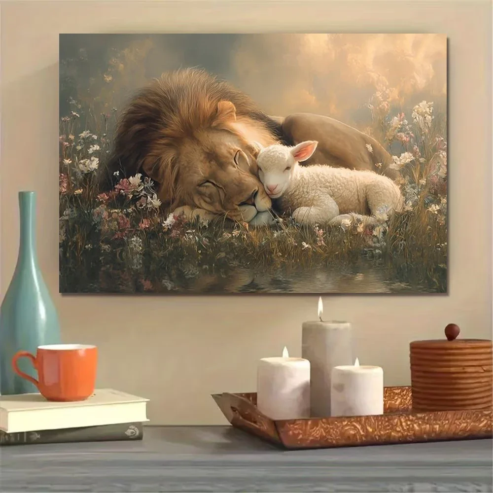 Multiple sizes 1pc frameless Canvas Painting,The Lion and The Lamb Dwell Together Among The Flowers Poster and Prints Canvas Pai