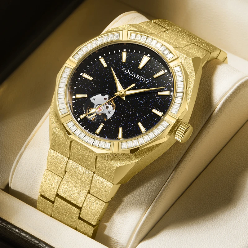 

New men's hollowed out automatic mechanical watch fashion frost gold starry sky men's watch night light waterproof mechanical wa