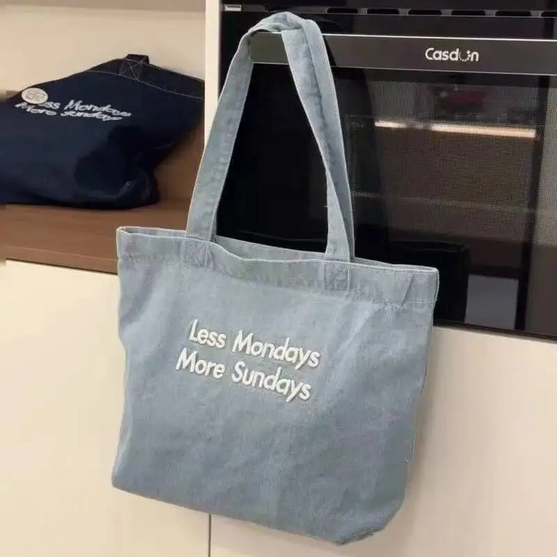 Bloom Retro Denim Letter Embroidered Canvas Bag Women Large Capacity Y2k Shoulder Bags Ladies Portable Casual Shopping Handbag