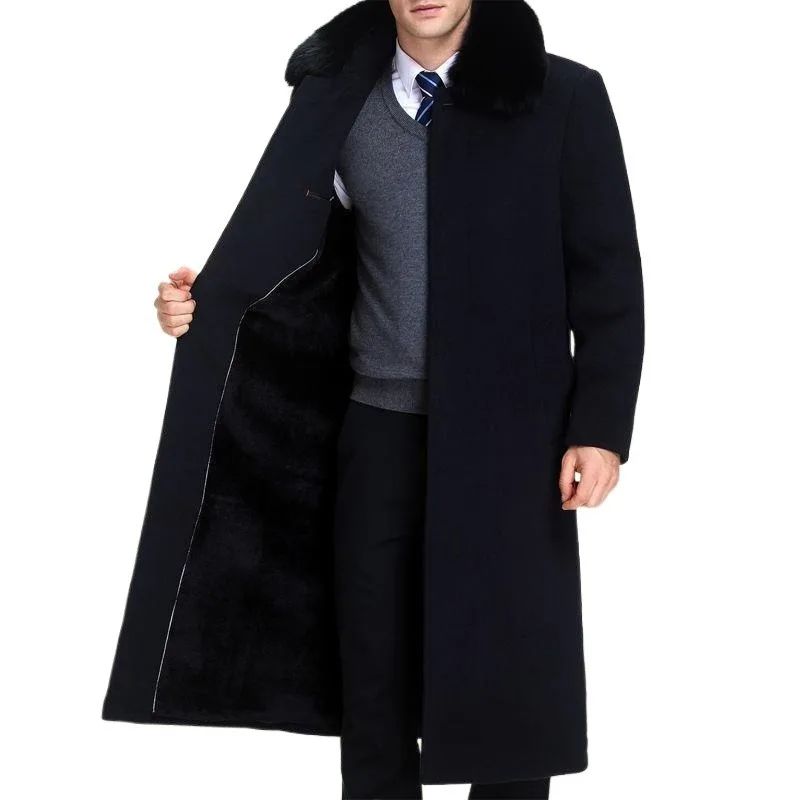 2024 Men's Clothing Woolen Coats Fashion Trench Coat Winter Men Clothes Thickened Plush Wool & Blends Real Fox Fur Collar