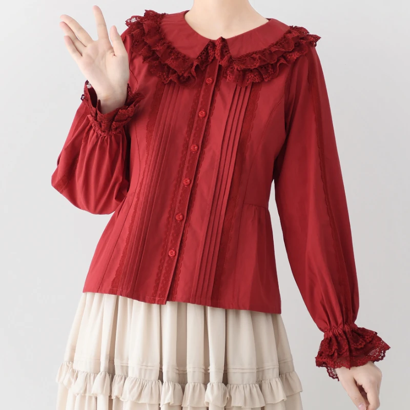 Japanese Vintage Elegant Lolita Blouses Women Kawaii Lace Ruffles Square Collar Puff Long Sleeves Shirts Sweet Tops Blusas Mujer