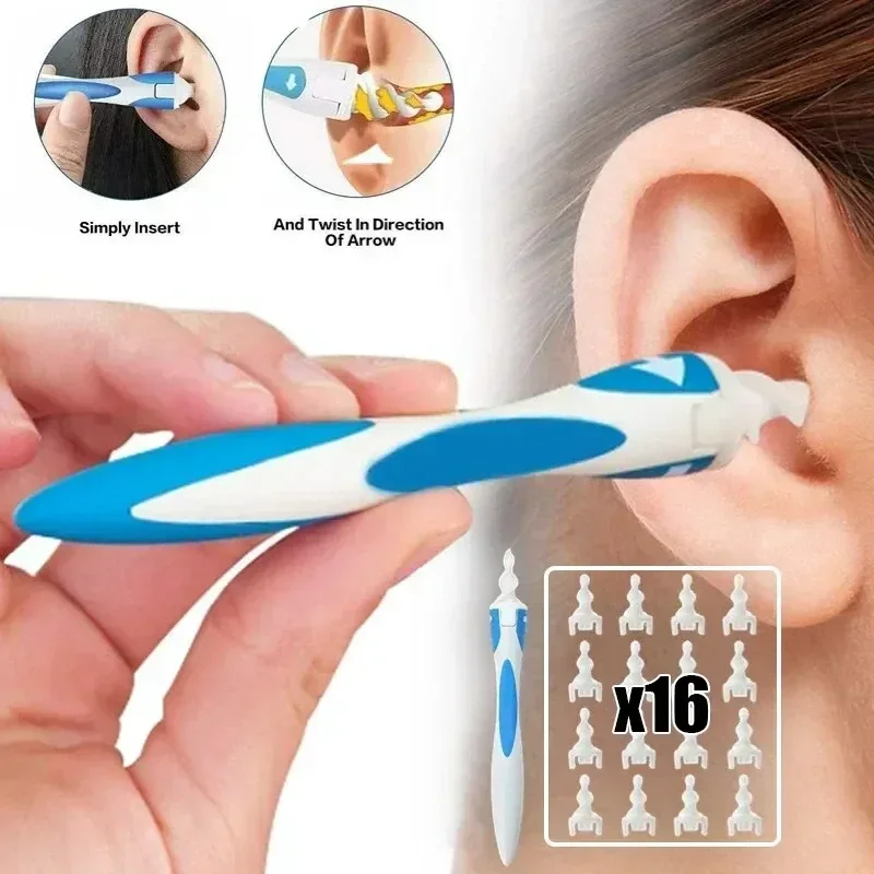 

Hot Sale 360 Degrees Ear Wax Spiral Remover Cleaning Tools with 16 Replacement Soft Silicone Head Easy To Grab & Extract Earwax