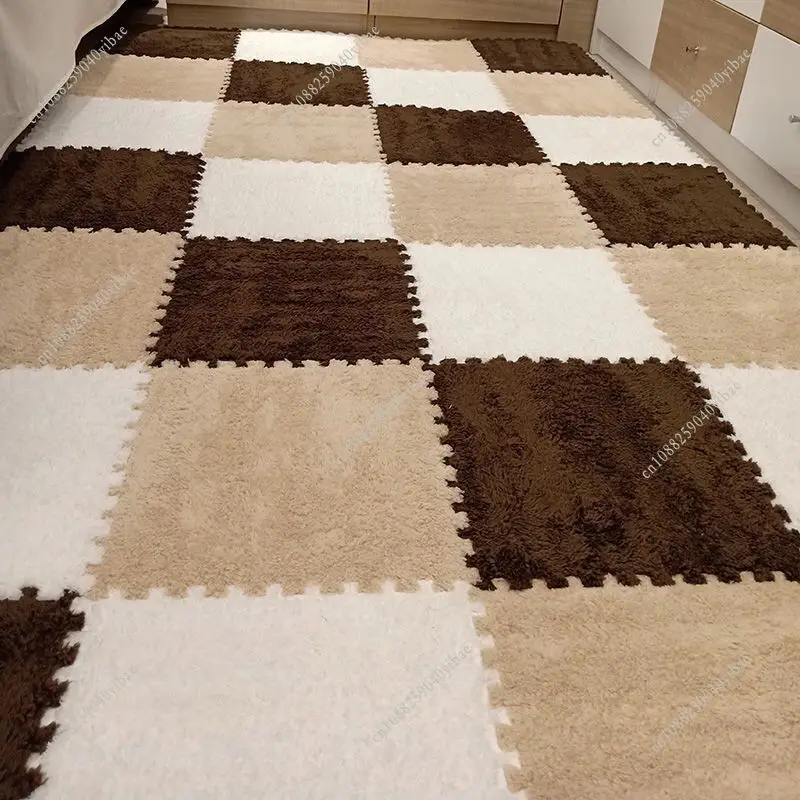 9Pcs 30x30x1CM of Soft Floor Mat Suede Anti-skid Carpet Bedroom Floor Mat Plush Patchwork Carpet Rug 90x90xCM(After Splicing)