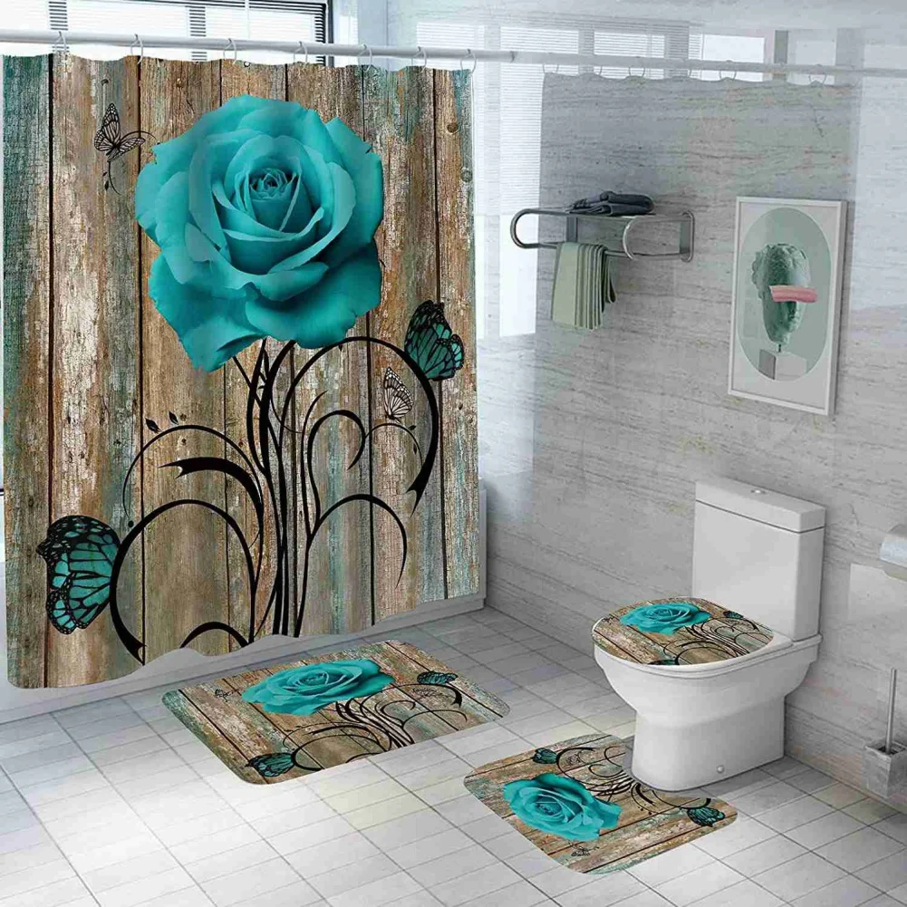 Bathroom Accessories 4 Piece Bathroom Decorative Sets Waterproof Shower Curtain Anti-slip Mat Toilet Mat