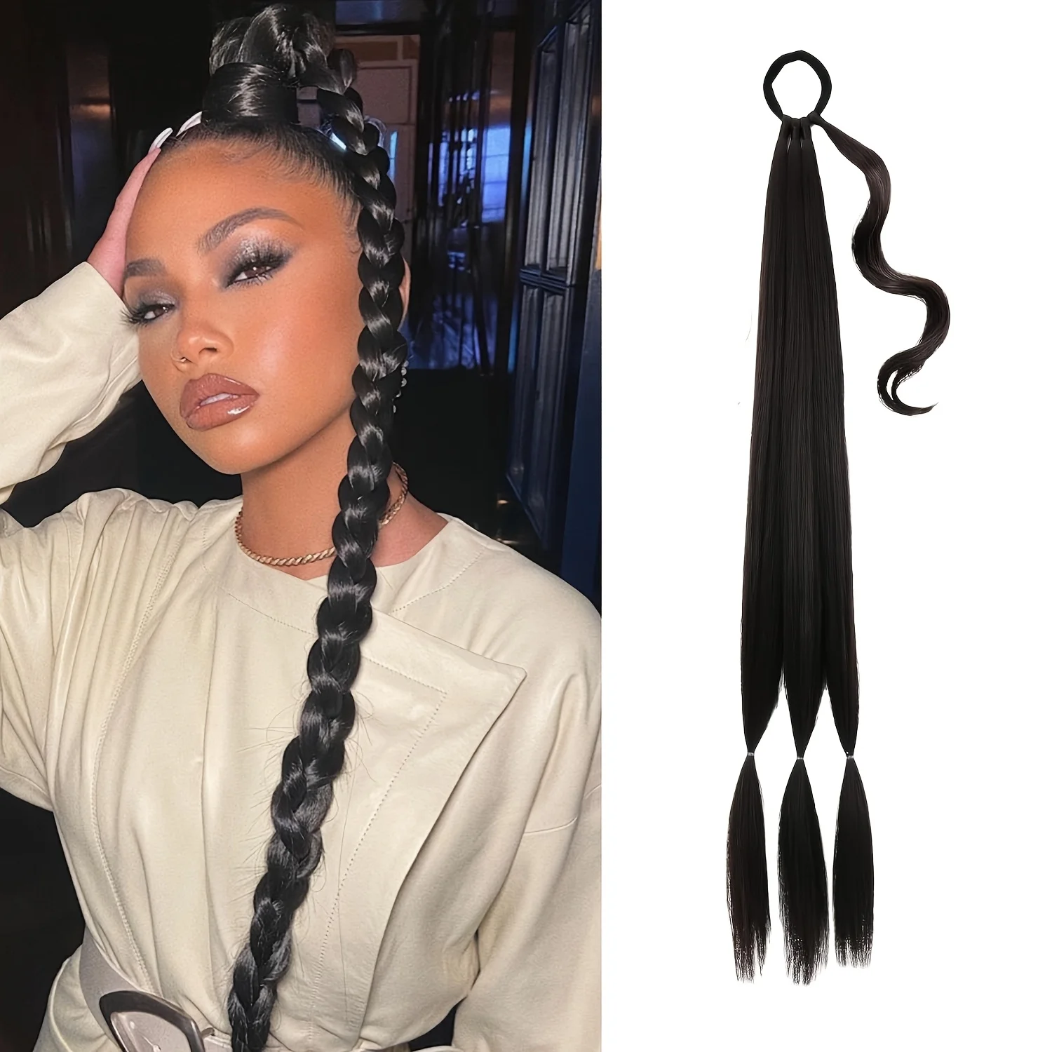 Elegant Long Straight Braided Ponytail Extension for Women - Natural-Looking, Soft Synthetic Hair with High Synthetic