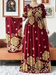 Nuevo Verano Mujer Abaya manga corta Dashiki Floral recoger cintura suelta Maxi bata Floral Mujer Musulmane estampado africano Abaya