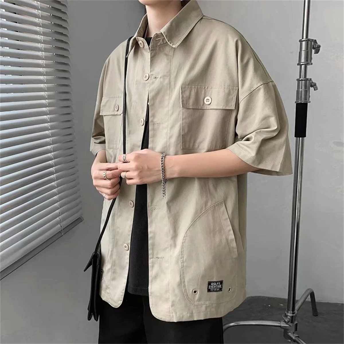 2023 Mens Cotton Military Cargo Shirts Casual Dress Short Sleeve Work Streetwear Blouses