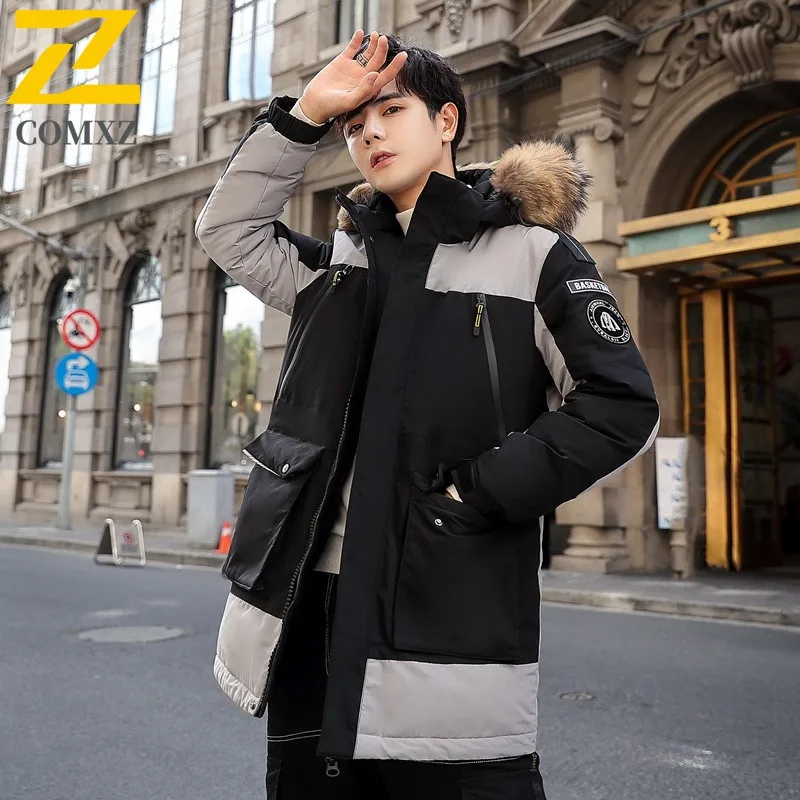 Coxz novo fofo 90 para baixo jaqueta masculina gola casual leve gola de pele quente com capuz casaco puffer zíper cor pura na moda parka