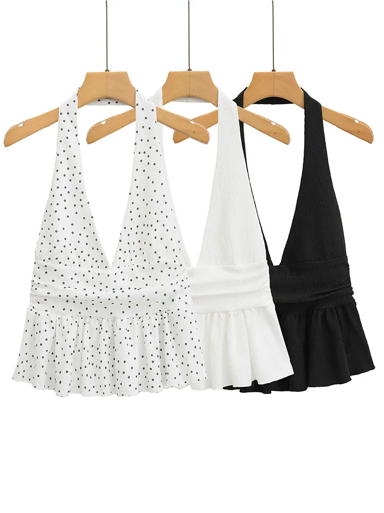 HH Women Vintage Solid Halter Vest Hem Ruffled Lady Sexy Backless Sleeveless V Neck Tops Summer Thin Casual Holiday Chic Top