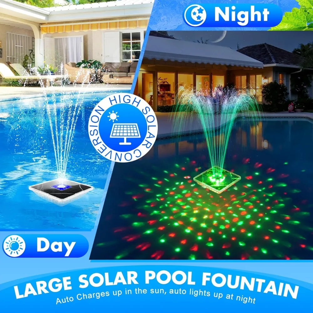 Solar Fountain with Light Show,2024 Large Solar Pool Fountain with Anchor,Square Floating Pool Fountains for Inground Above Grou