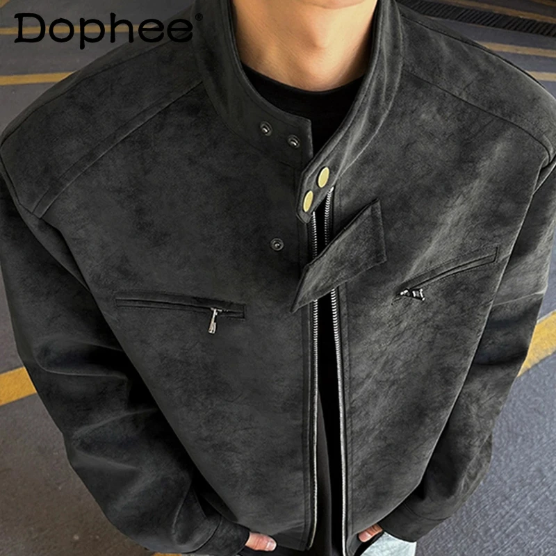 

Men's 2025 Autumn New High-End Stylish Jackets Male Zipper Tie-Dye Motorcycle Faux Leather Jacket Long Sleeve Solid Color Coats