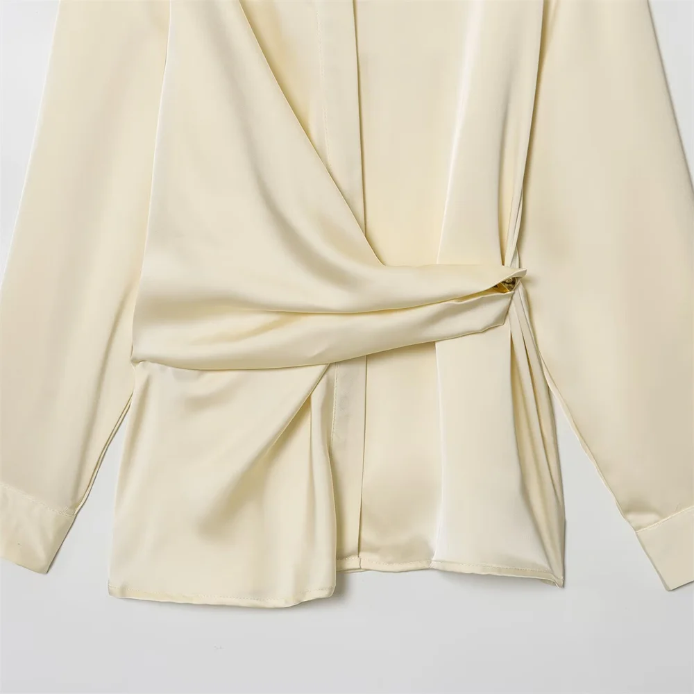 Autumn and winter new women's clothing style elegant long sleeved lapel silk texture double breasted solid color shirt