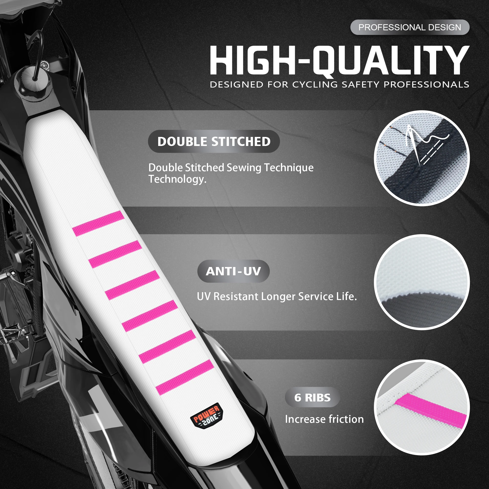 Powerzone White Pink Seat For SXF EXC KXF CRF YZF WR TC TE EC Universal Ribbed Seat Cover Soft Motorcycle Dirt Bike Seat Cushion view 3