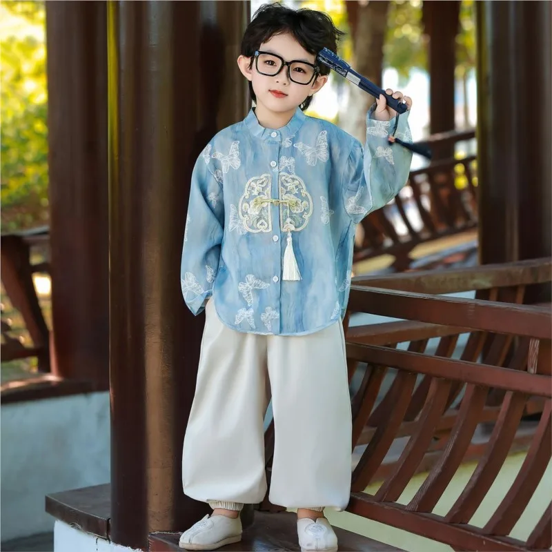 

2026 Boys' Ancient Hanfu 2-piece Set Children's Spring/Autumn Tang Shirt Pants Kids' Chinese Improved Long Sleeve Shirt LJ701