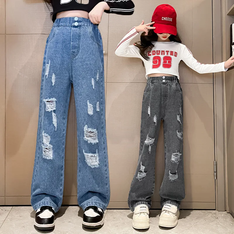 

Elegant School Girl Ripped Jeans for Children Vintage Straight Denim Pants With Holes Teenager Casual Destroyed Jeans Trousers