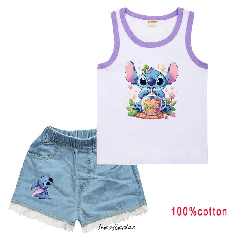 Hot Lilo And Stitch Clothes Toddler Girls Casual Outfits Boys Summer Clothing Kids Cotton T-shirts Vest + Denim Shorts 2pcs Sets