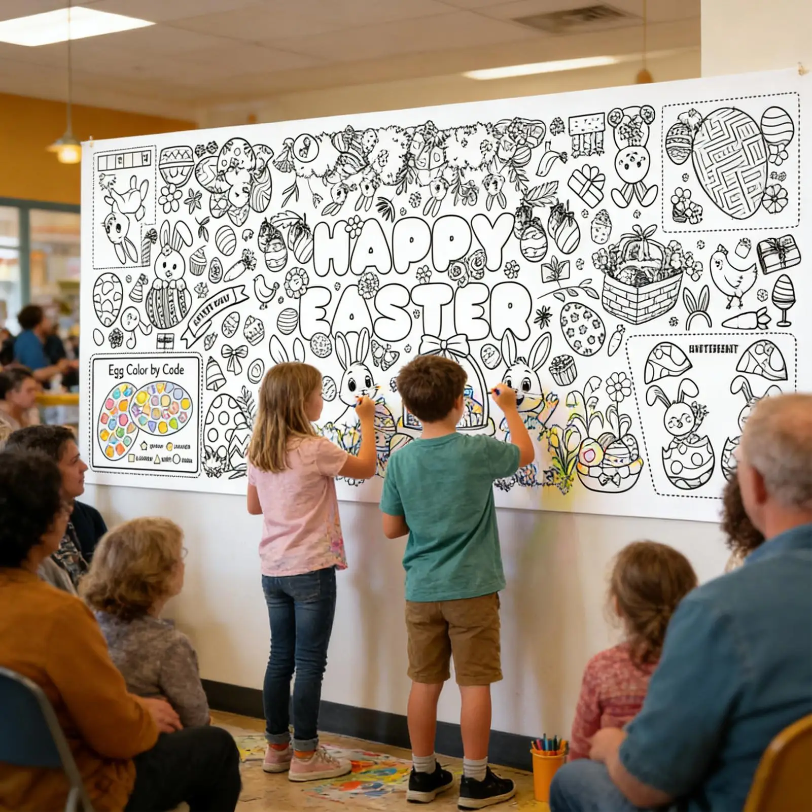 Page de coloriage de pâques 30X72 pouces, grand décor mural étanche, Pages de coloriage géantes pour pâques, vacances d'automne, réunion de famille