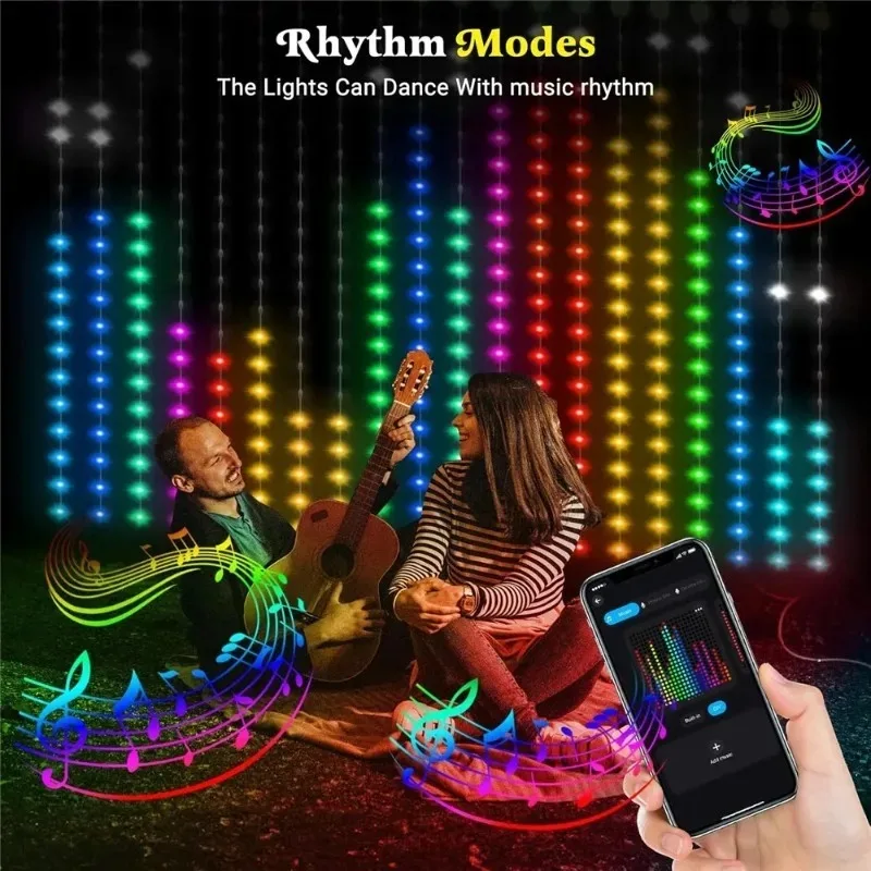 Smart RGB LED Curtain Lights with App Remote Control Music Rhythm DIY Pattern Fairy String Lights for Home Party Decor