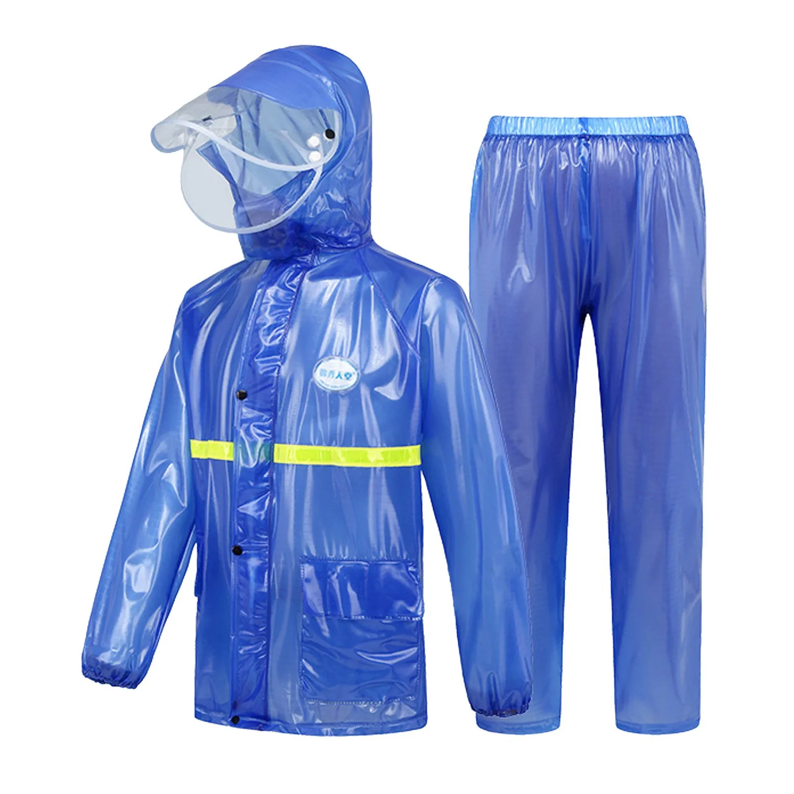 

PVC Blue Raincoat Set of Rain Pants Storm-proof Outdoor Reflective Strip Riding Rain Poncho Raincoats+ Rain Pants For Men Women