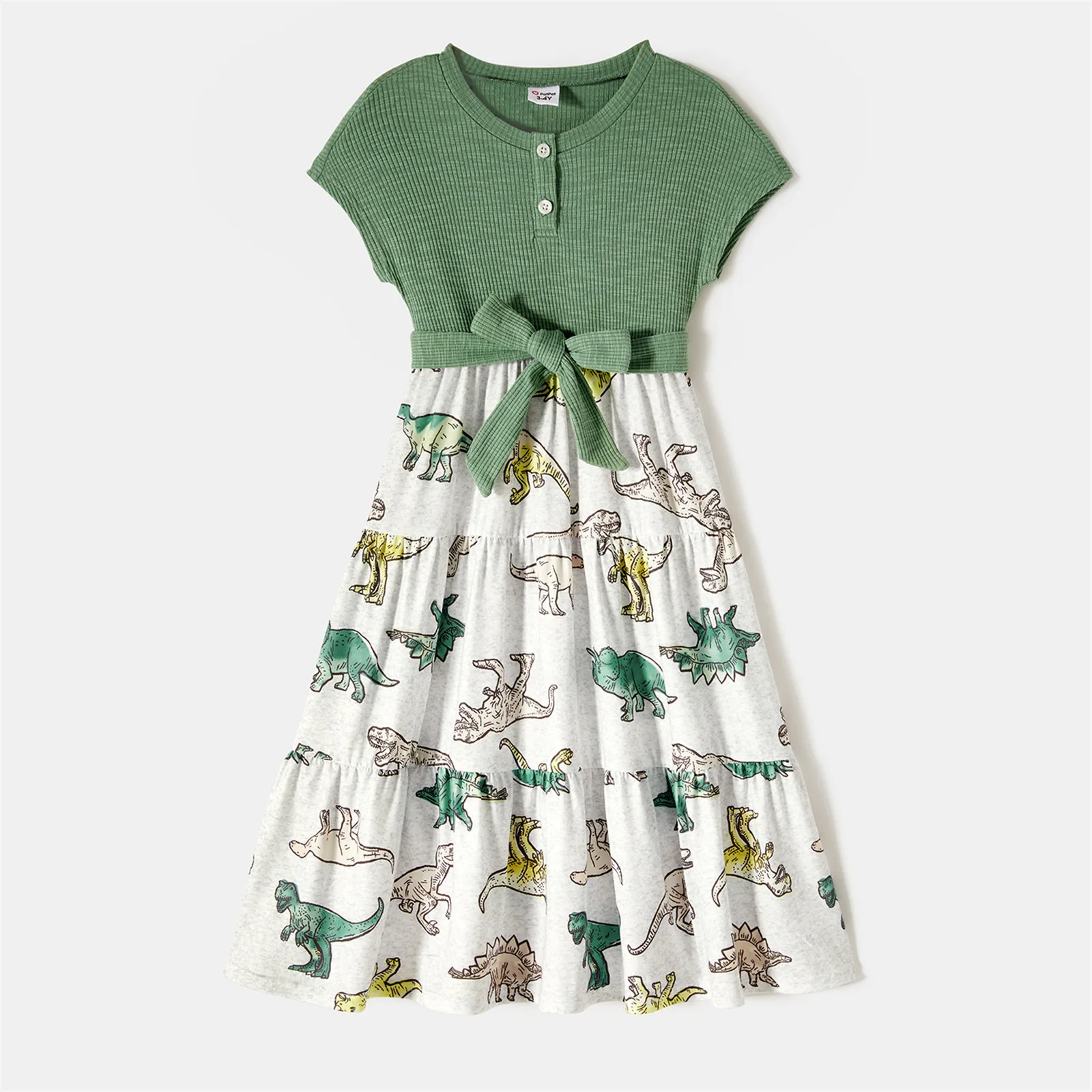 PatPat Family Matching Green Rib Knit Spliced Allover Dinosaur Print Dresses and Short-sleeve T-shirts Sets