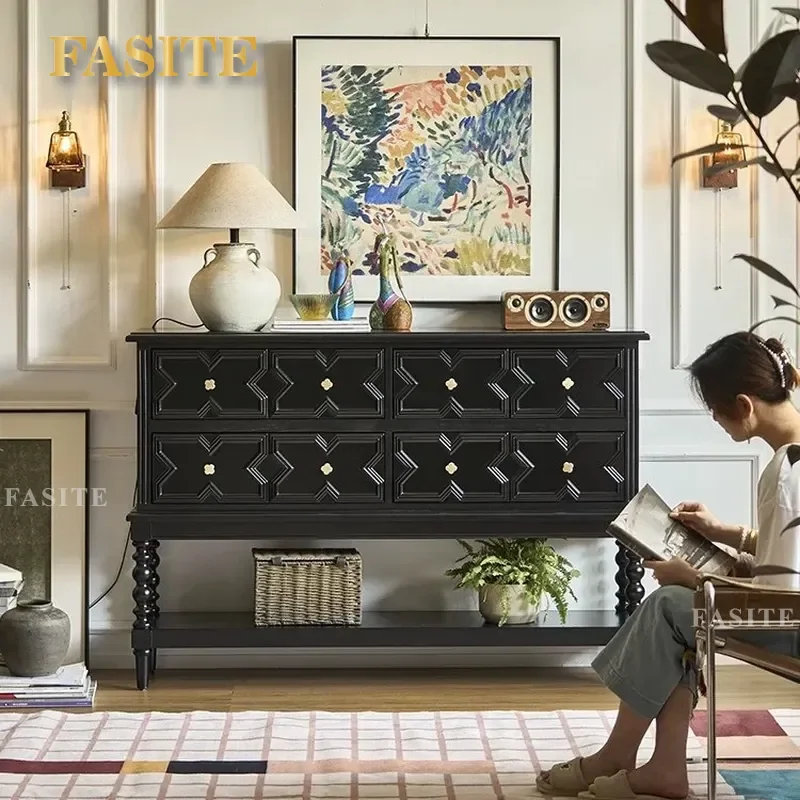 For French Black Solid Wood Porch Cabinet Retro Living Room Aisle Antique Chest Partition Screen Wall Storage Table