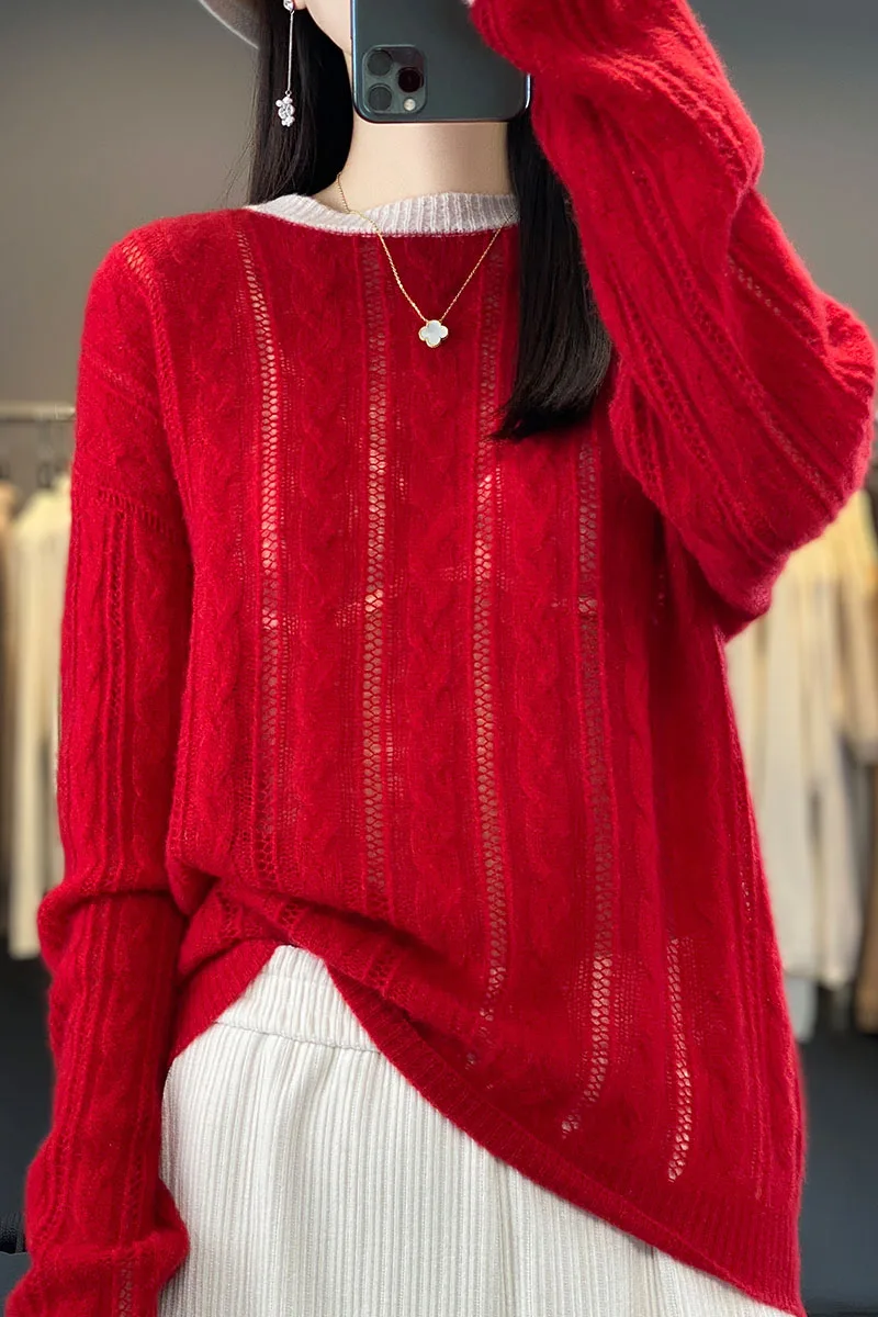 Spring  Autumn New 100% Pure Wool Pullover Women's Crew Neck Hollow Out Fried Dough Twists Color Contrast Thin Sweater Top