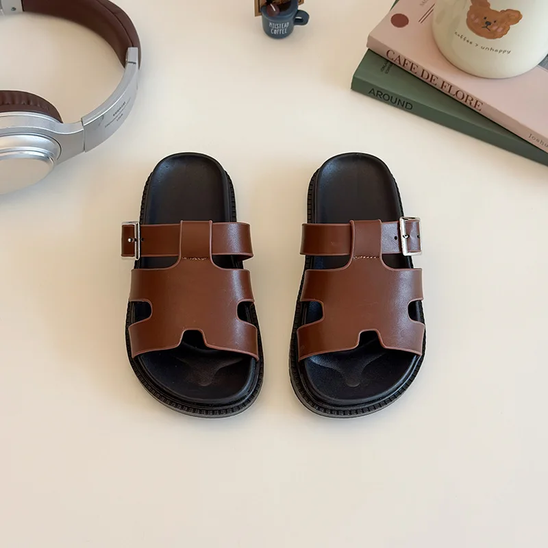 Kids Flat Shoes Slip on Child Girls Slippers Round Toes Thin Band Cross Sandals 2026 Children Barefoot Beach Shoe for 26-35