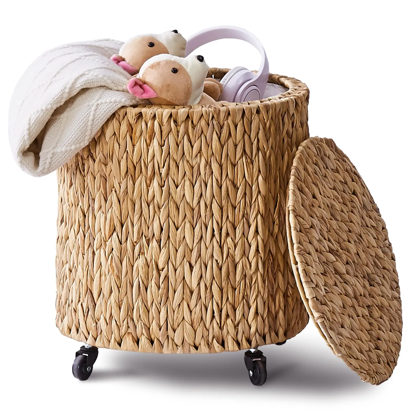 Vintage Storage Basket, Multipurpose Rolling Hamper With Brakable Wheels and Lid, Braid Laundry Bin, Clothes Toy Organizer