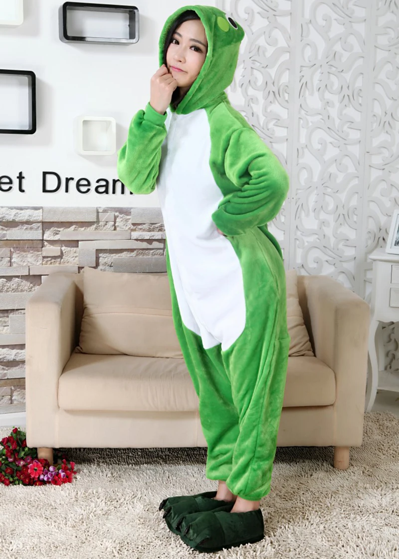 Green Frog Pajamas Adult Animal Onesie for Women Men Couple Winter Nightwear Coral Fleece Warm Sleepwear Flannel Pijamas Pyjamas