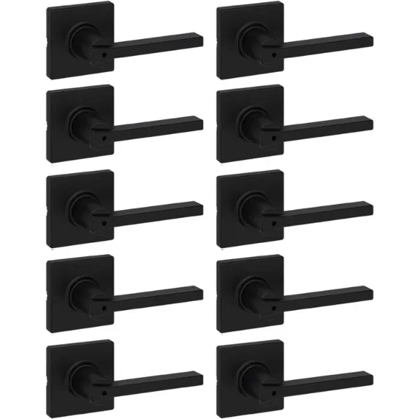 Kwikset Casey Interior Privacy Door Handle with Lock 10 Pack,Door Lever for Bathroom and Bedroom, Matte Black Reversible Keyless