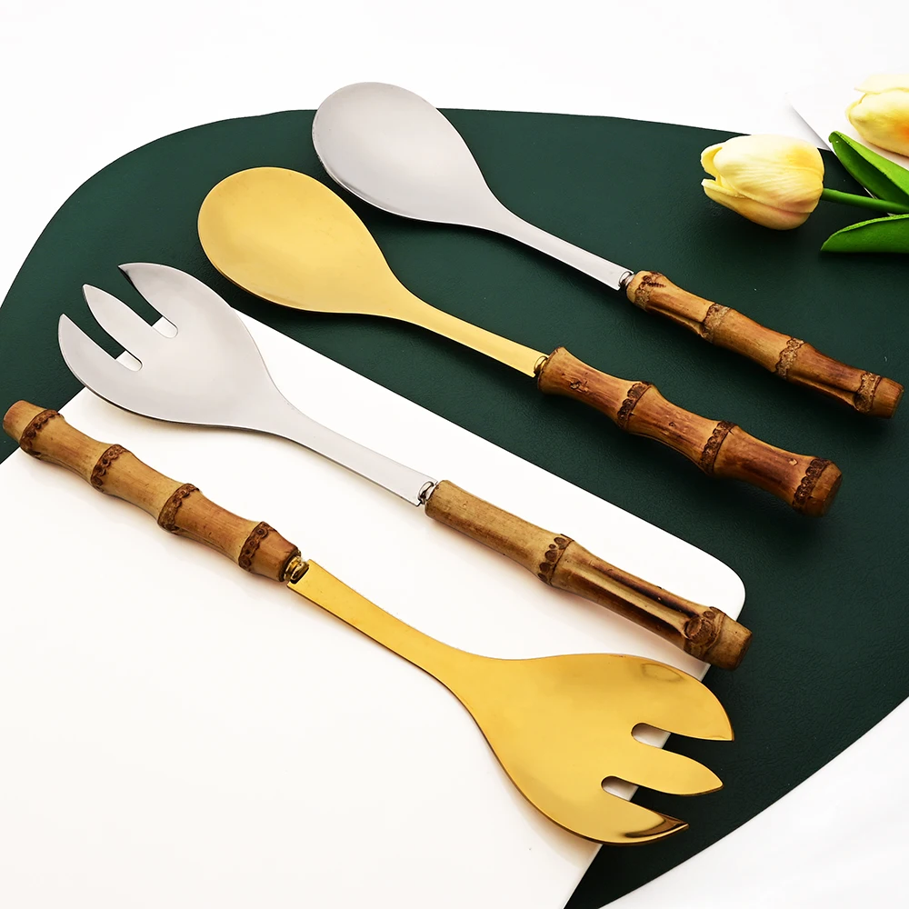 Drmfiy 6Pcs Natural Bamboo Handle 304 Dinnerware Set Stainless Steel Cutlery Set Upscale Knife Dessert Fork Spoon Tableware Set