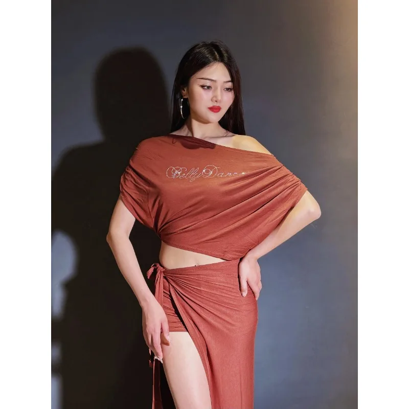 Customized 2Pcs Modal Slanted Shoulder Top Wrapped in Skirt Hot Diamond Off Shoulder Belly Dance Costumes Top+Skirt Suit Set