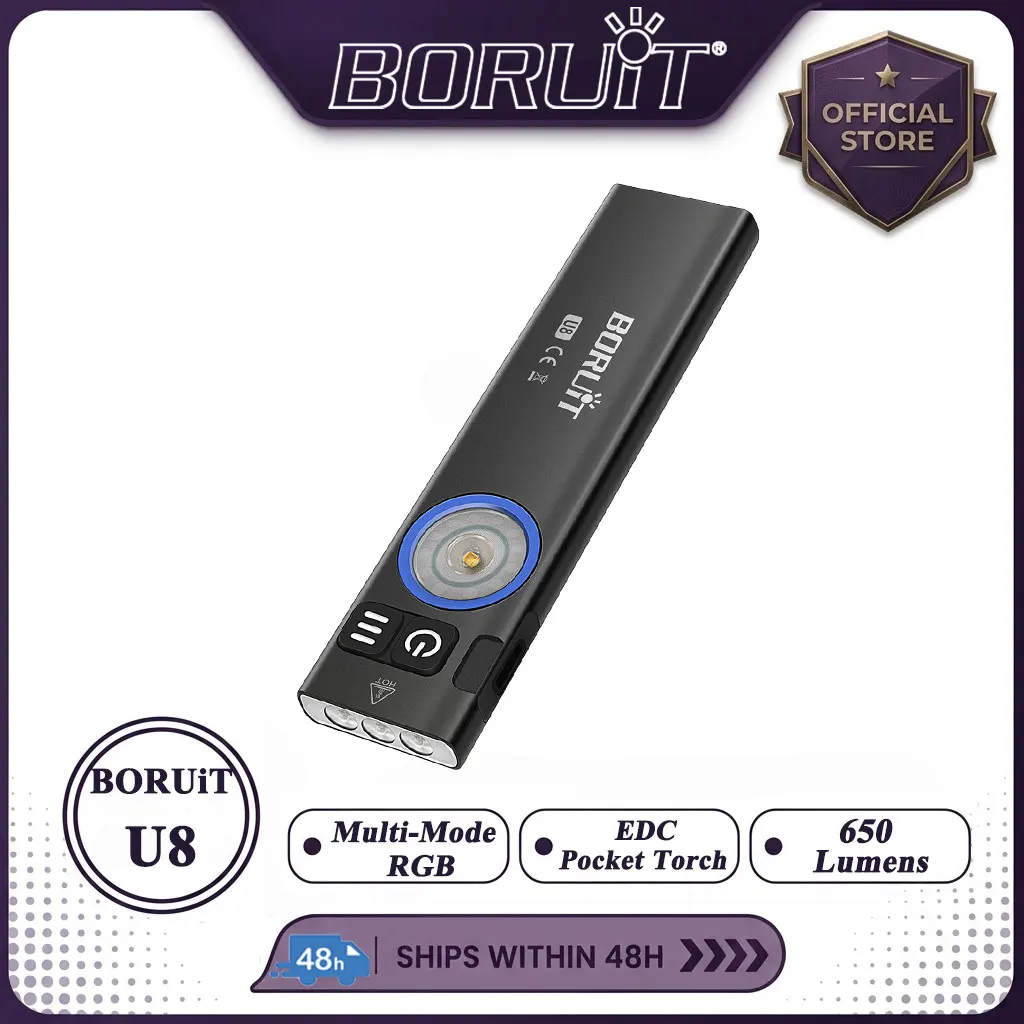 BORUiT U8 650LM EDC LED Flashlight Type-C Rechargeable Work Light Torch with Magnet Waterproof Camping Pocket Lantern