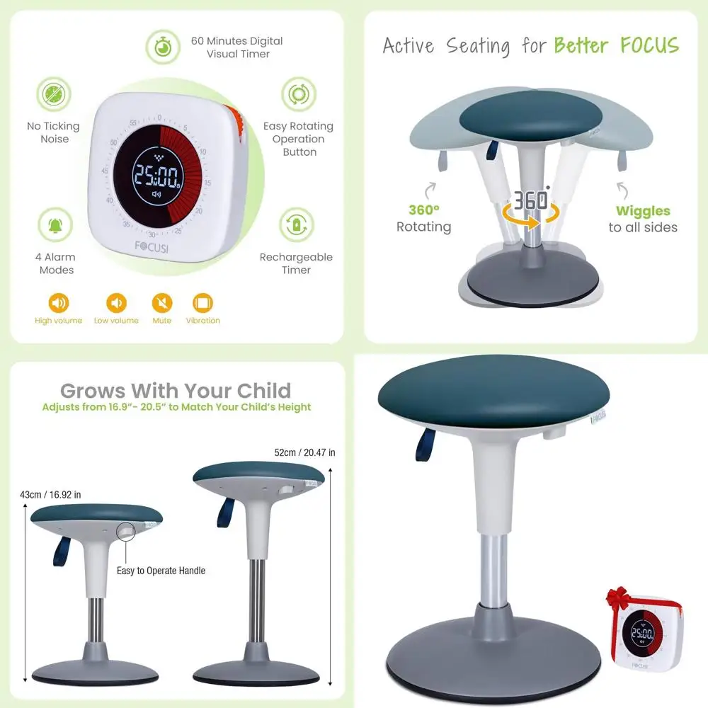 

Регулируемый качающийся табурет для детей 7-12, мягкая подушка, идеально подходит для классной комнаты, фокусировки, СДВГ, с тканью из озера и таймером