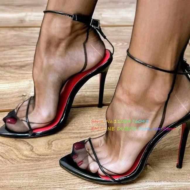 

Sexy Black Women High Heel Sandals Open Toe Stiletto Heel Slingback Designer Brand Ankle Buckle Strap Party Dress WhiteShoes