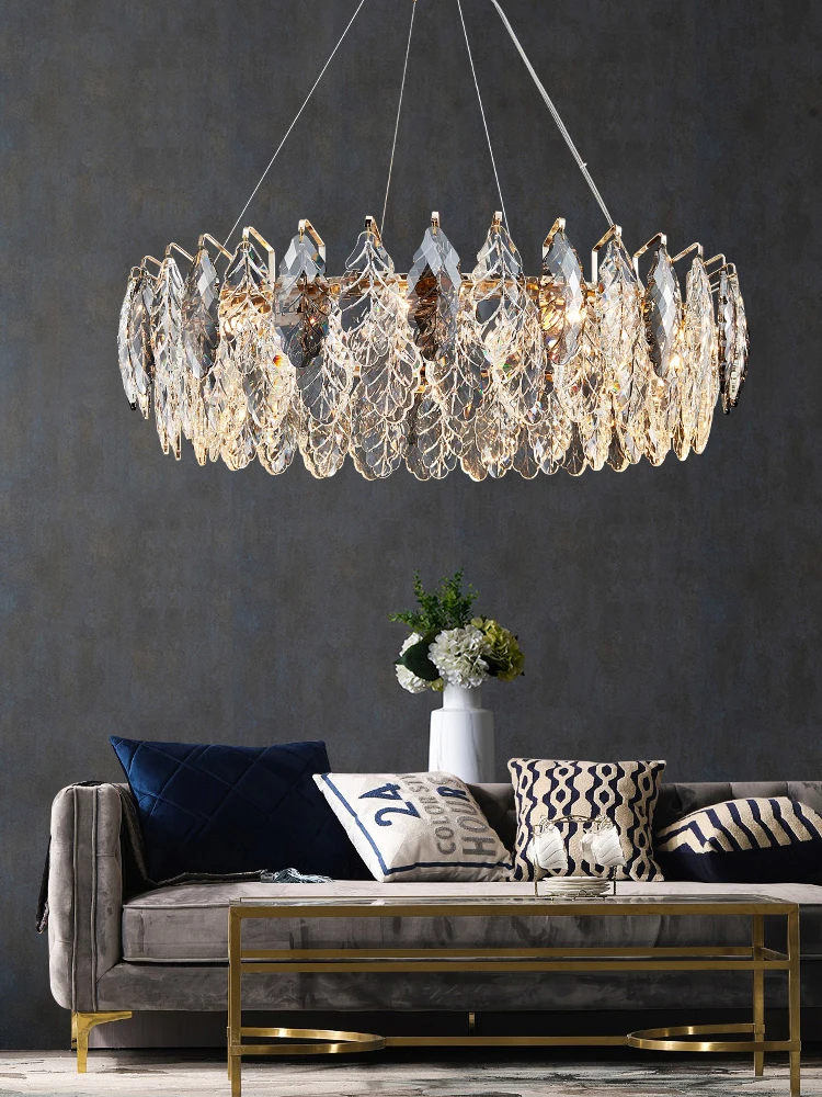 

Lustre G9 LED Crystal Chandelier Light Goose Feather Crystal Round Oval Gold Suspension Luminaire Lampen For Foyer Living Dining