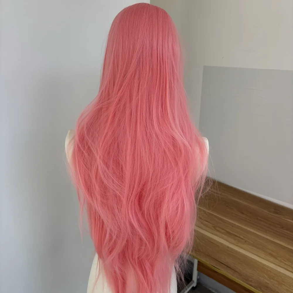 شعر مستعار ناعم بدانتيل أمامي على شكل حرف T بطبقات طويلة مستقيمة ومقاومة للحرارة باللون الوردي