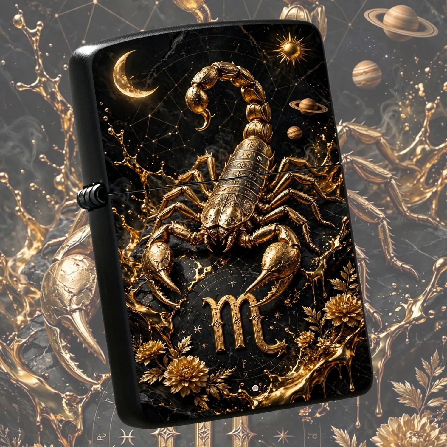 Exquisite Scorpio Zodiac Themed Lighter, Luxurious Black Gold Astrology Ornament With Golden Scorpion, Crescent Moon, Planets And Details, Creative Chic Zodiac Peripheral, Suitable For All Daily Scenarios, Exclusive Personalized Practical P
