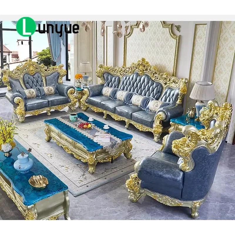 European Leather Sofa Set Solid Wood Frame Engraved Design Luxury High End Furniture for Living Room Villa Large Apartment