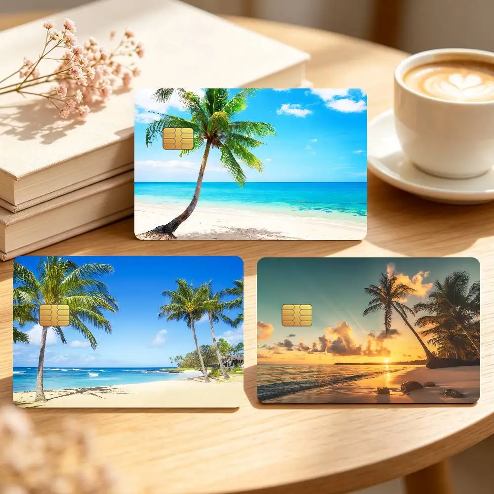 Plam Tree Sea Beach Credit Card Sticker Waterproof Anti-Scratch 4PCS Bank Debit Traffic Cover Decoration