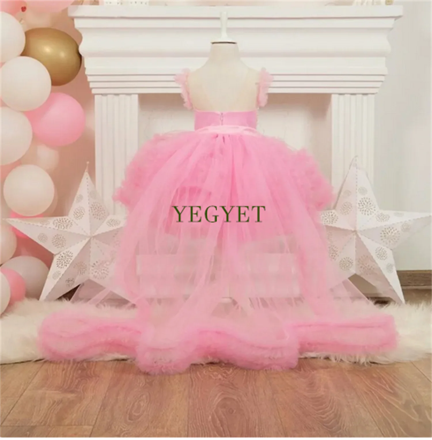 Puffy Tulle Baby Girl Birthday Dress with Detachable Train Little Princess Flower Girl Dress Infant New Birthday Gown