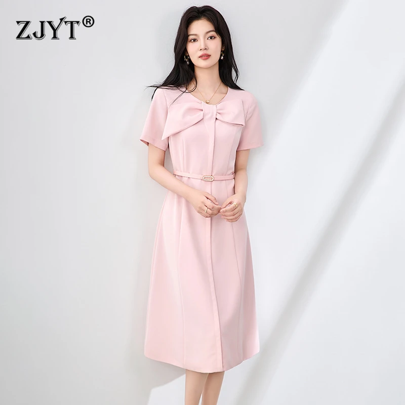 

ZJYT New Fashion Bowknot Summer Pink Dress Short Sleeve Solid Simple Casual Party Dresses Elegant Female Vestidos Para Mujer