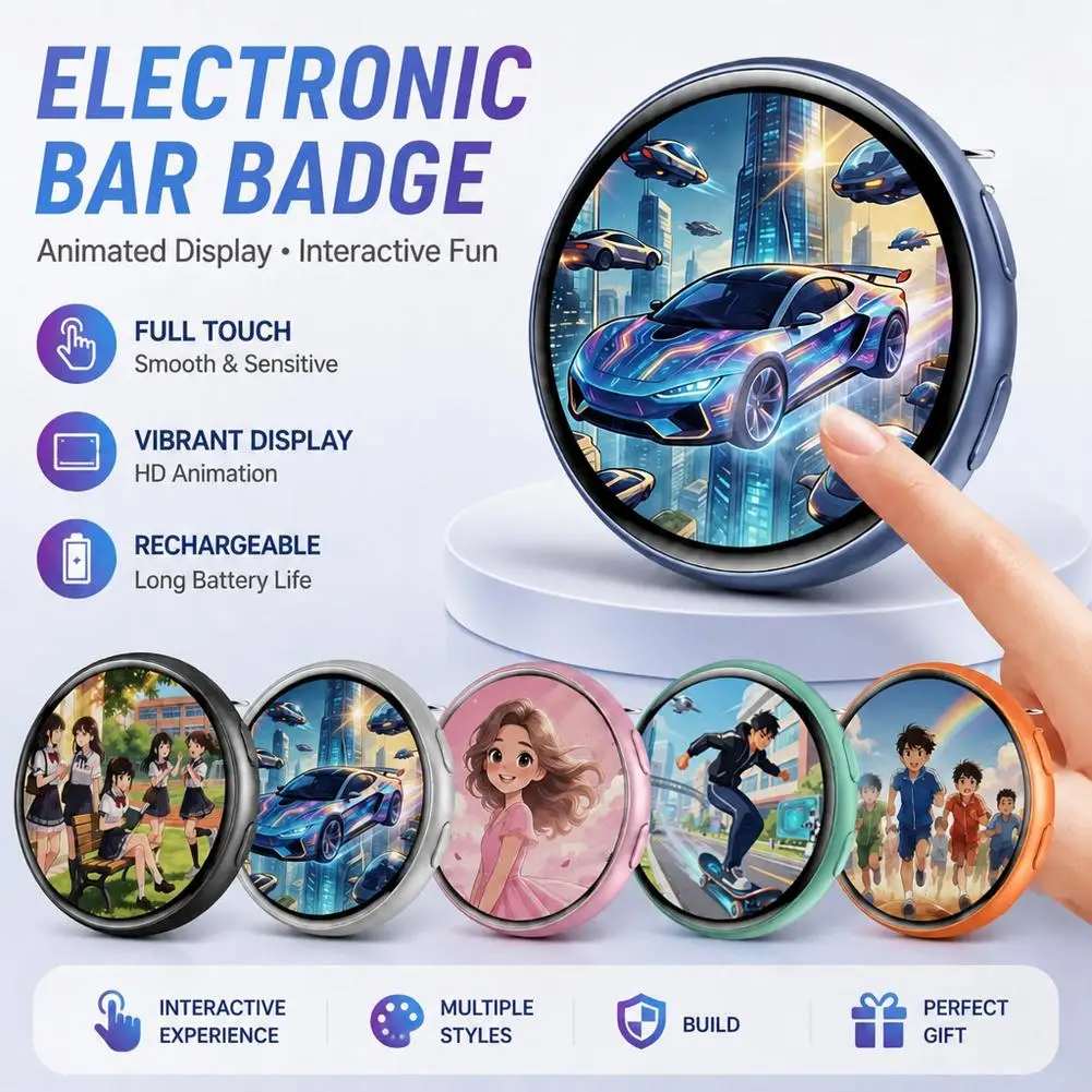 Anime Digital Badge Anime Style Digital Pin with Photo Video Display HD Touchscreen E-Badge for Party Cosplay Fandoms