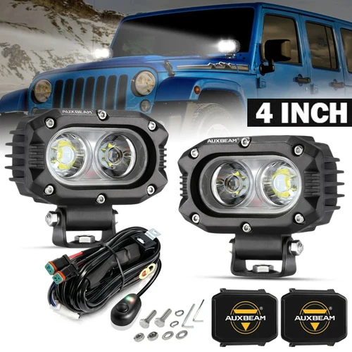 Imagen 1 del producto AUXBEAM Lámpara de conducción LED cuadrada de 4 pulgadas Luz de trabajo con arnés para camioneta todoterreno (luz de inundación/punto)