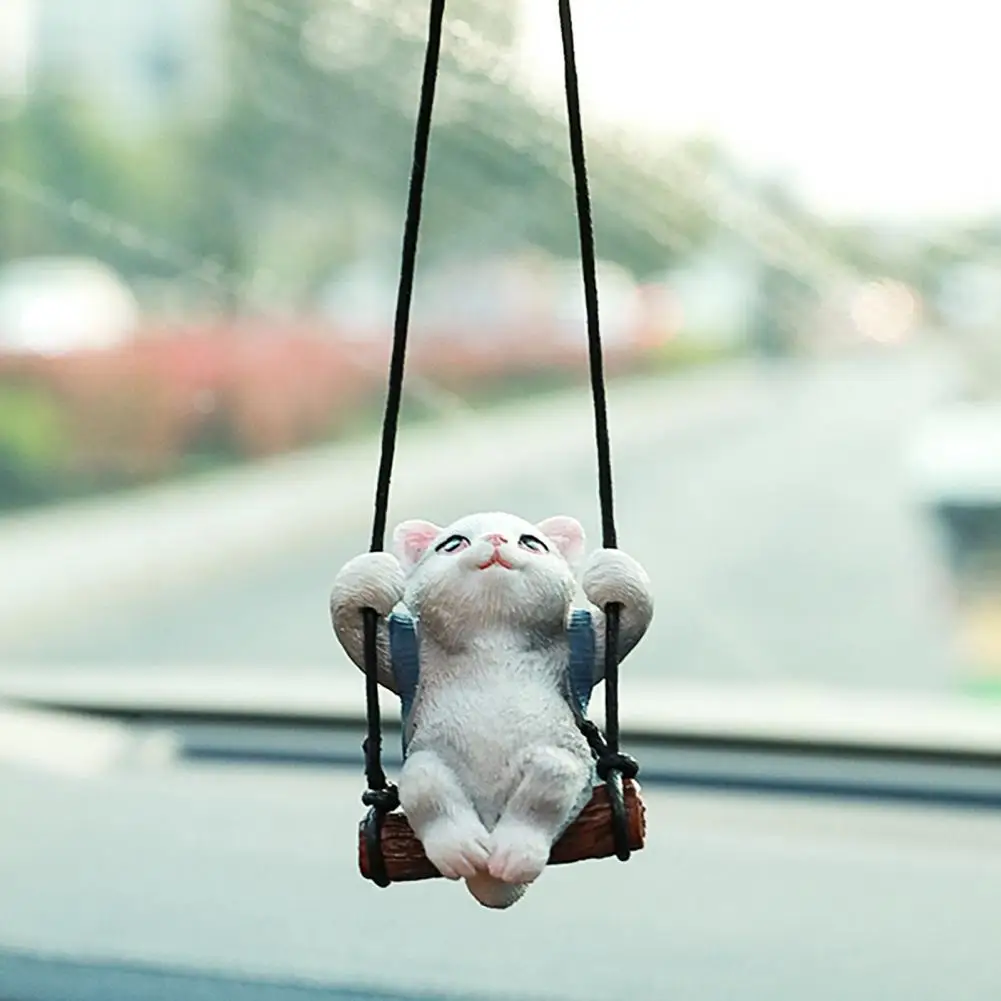 Durable Resin Car Pendant Resin Cat Pendant Ornament Swinging Kitten Figurine Decoration Adjustable Lanyard Car Rearview Mirror