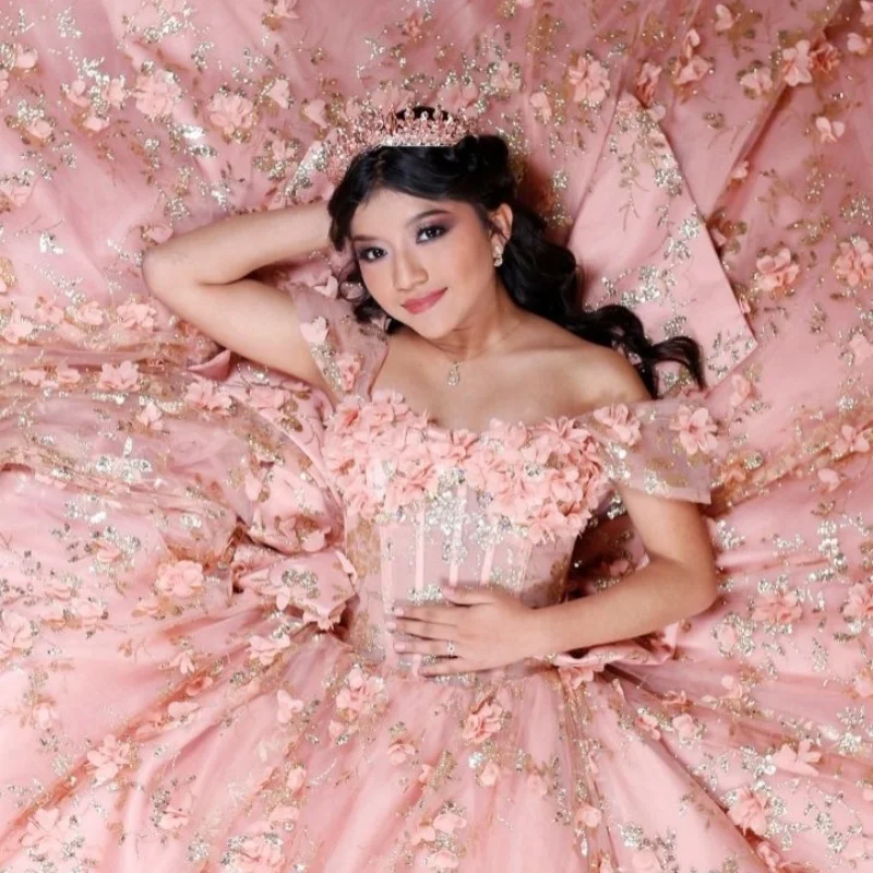 

Pink Quinceanera Dresses Off the Shoulder Glitter Decal Long tail 3D Flower Bow Vestido De 15 Quinceanera Customize