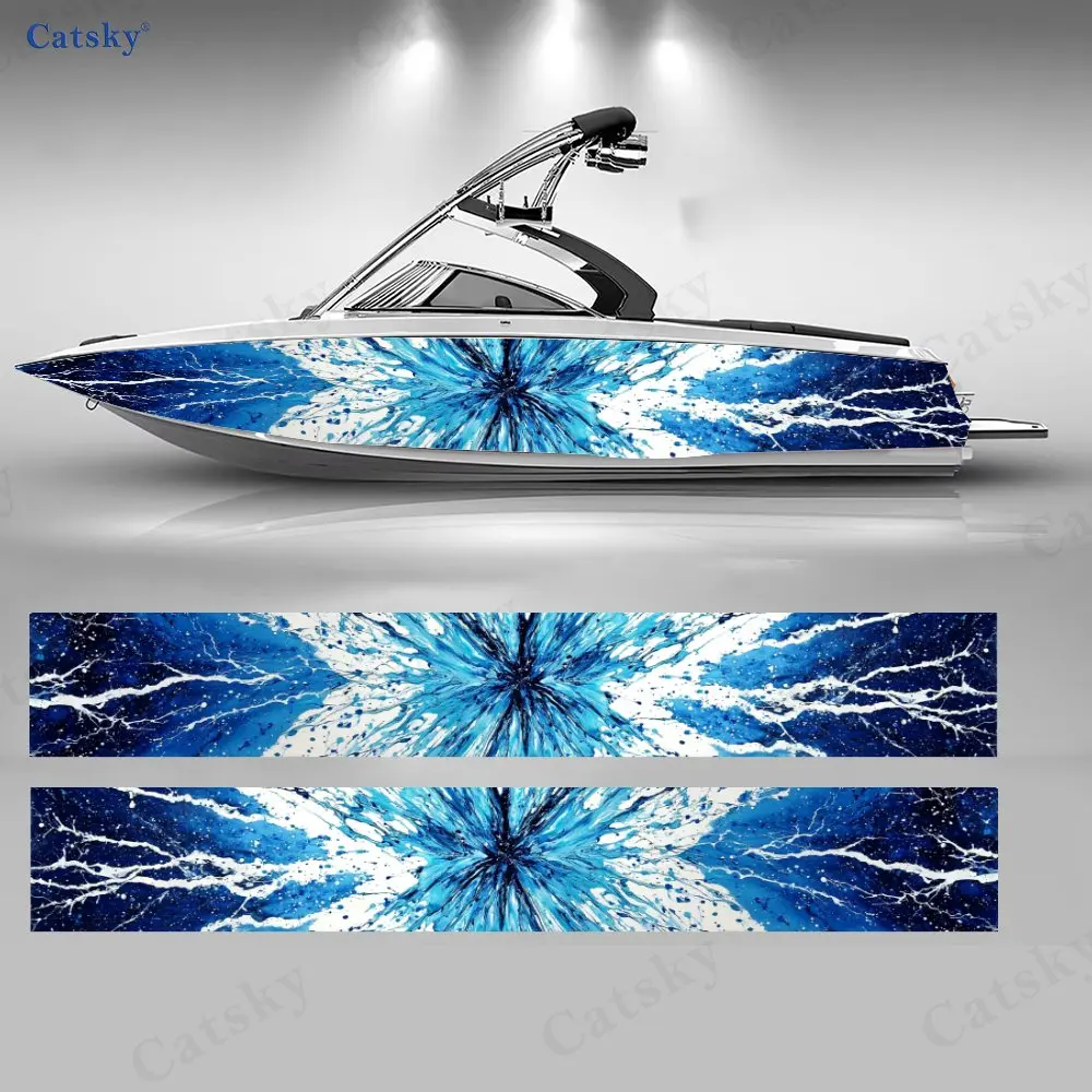 Ice Blue Radiant Splash Ink Boat Stickers, PVC Waterproof Durable Vinyl Wrap Decals for Fishing Boat, Durable and Stylish Design