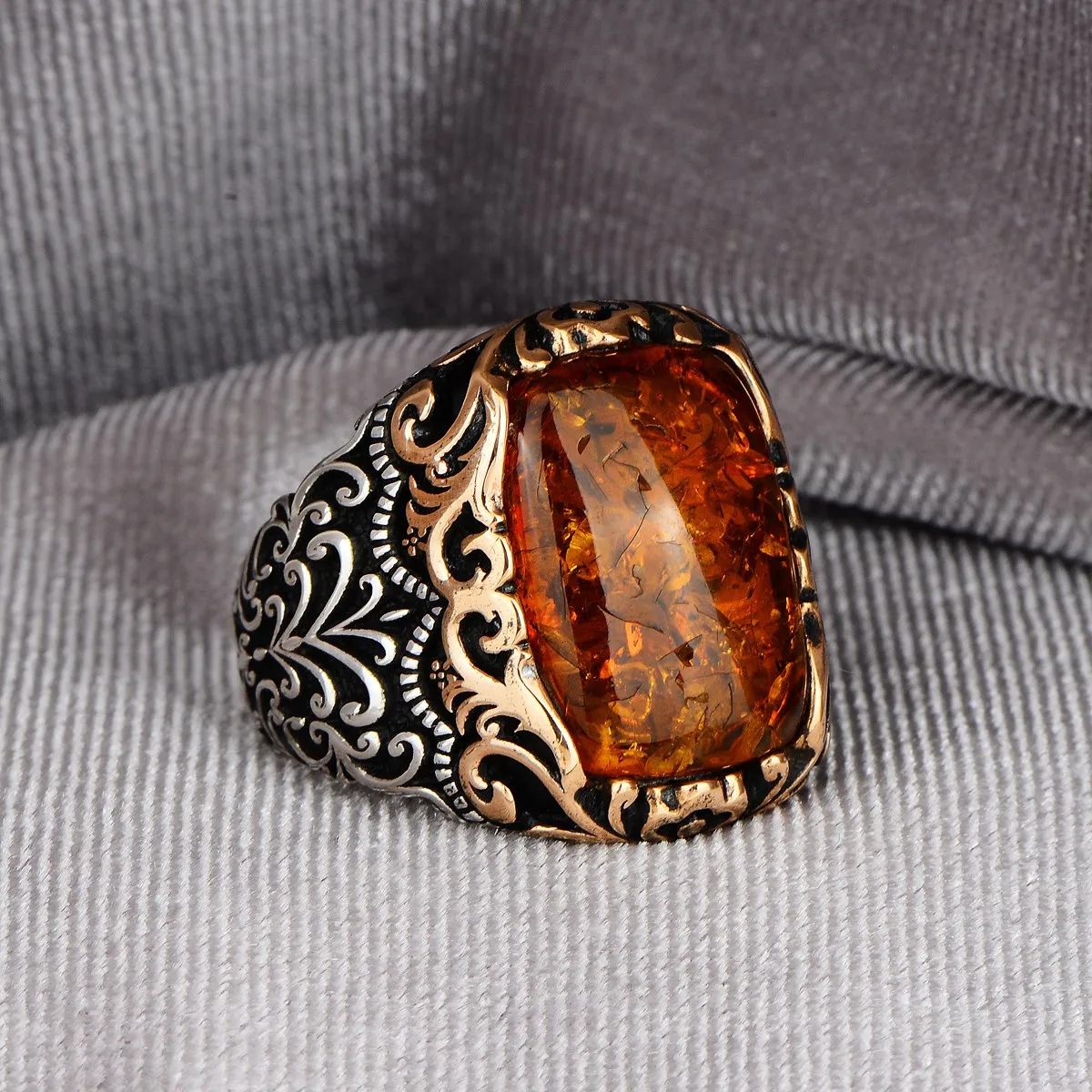 

Men Handmade Ring , Amber Stone Ring , Square Stone Ring , Honey Amber Ring , Ottoman Style Ring , 925k Sterling Silver Ring