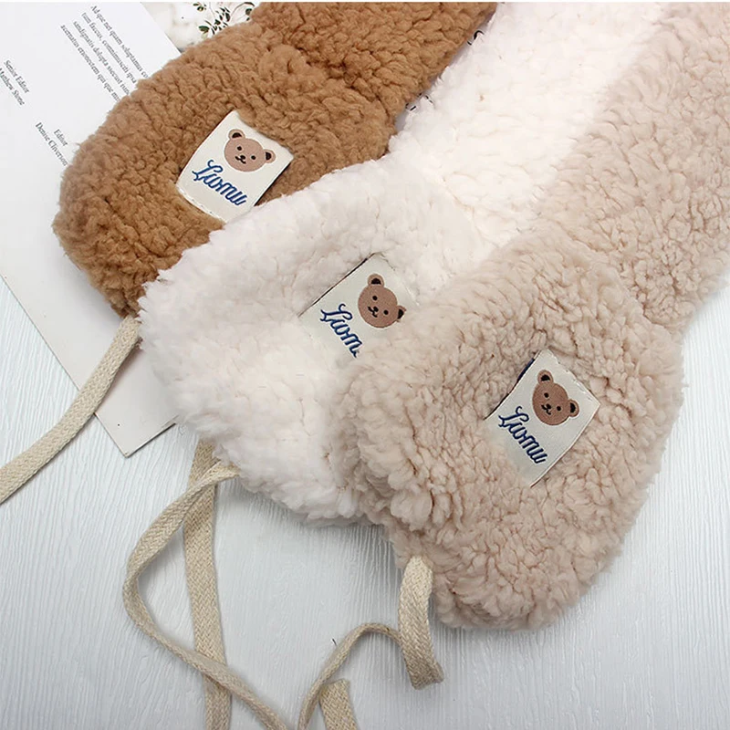 2023 New Fashion Foldable Earmuff Korea Women Winter Warm Plush Ear Warmer Cute Bear Adults Kids Lace UP Velvet Ear Muffs